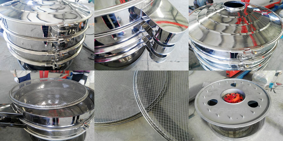 藕粉振動(dòng)篩細(xì)節(jié):鎖緊扣,出料口,防塵蓋,篩網(wǎng),振動(dòng)底座。