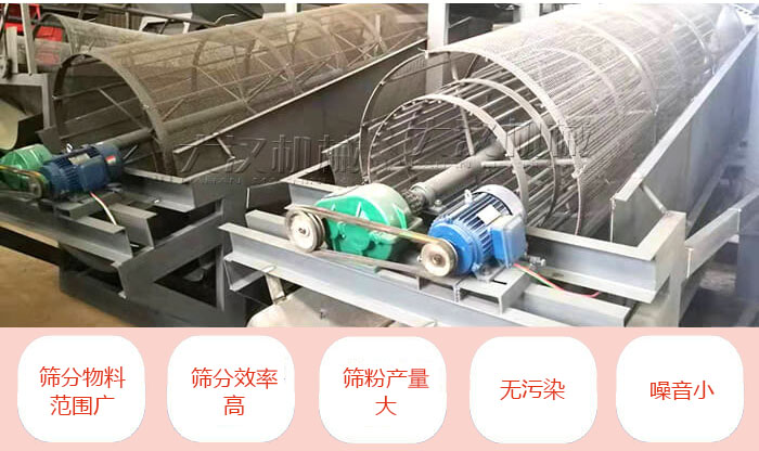 滾筒篩分機主要特點：篩分物料范圍廣，篩分效率高，篩分產量大，無污染，噪音小。