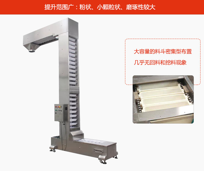 Z型斗式提升機(jī)的提升范圍廣：粉狀，小顆粒狀，磨琢性較大的物料都可輸送。