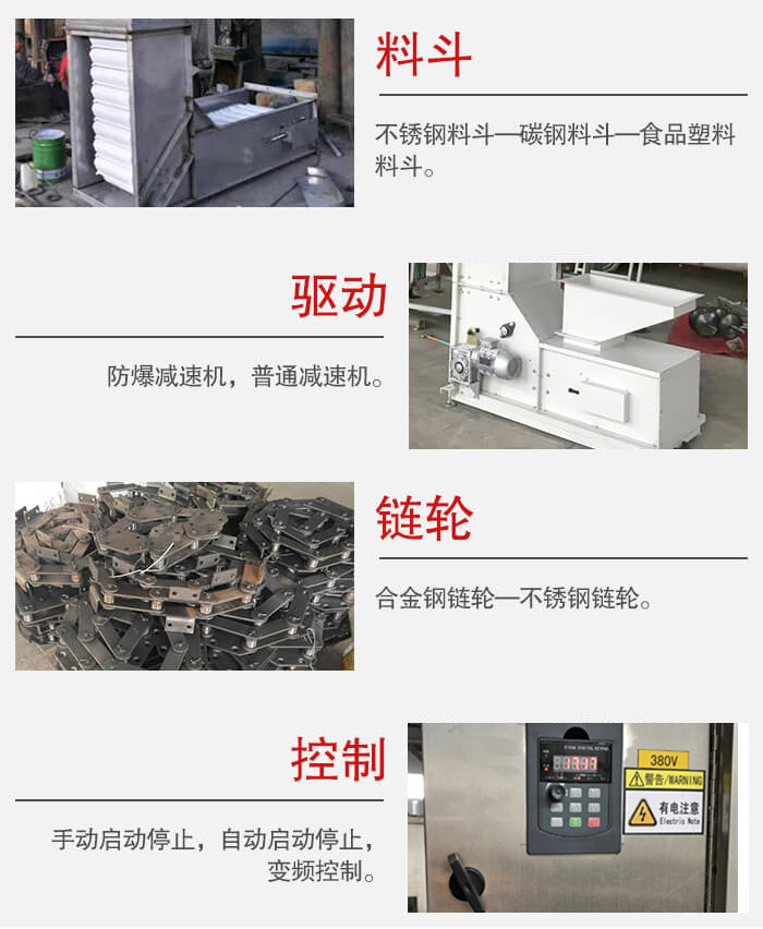 z型斗式提升機(jī)料斗：不銹鋼料斗-碳鋼料斗-食品塑料料斗。驅(qū)動(dòng)裝置采用的式防爆減速機(jī)，普通減速機(jī)兩種。鏈輪采用合金鏈輪-不銹鋼鏈輪控制器：手動(dòng)啟動(dòng)/停止，以及自動(dòng)啟動(dòng)停止。
